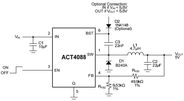 Typical 5V/1.5A Output Applications for ACT4088 28V, 1.5A, 1.4MHz Step-Down Converter