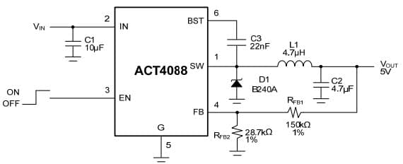 Optimized Typical Application for Minimal External Components Using ACT4088 28V, 1.5A, 1.4MHz Step-Down Converter