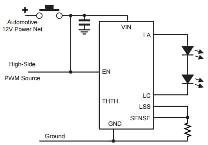 Typical Application of Switched supply plus high-side PWM source for A6260KLJ-T High Brightness LED Current Regulator