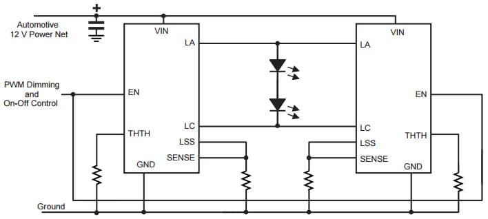 Typical Application of Parallel operation for higher LED current for A6260KLJ-T High Brightness LED Current Regulator