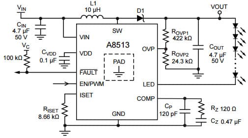 Typical Application for A8513 High Efficiency Fault Tolerant LED Driver