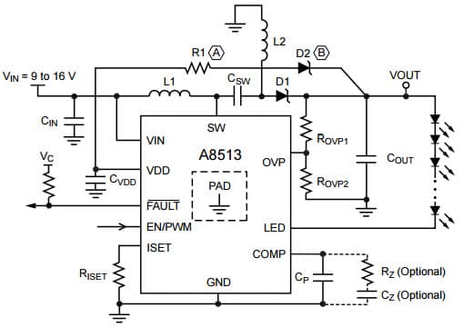 Typical Application showing the SEPIC configuration of A8513 LED Driver