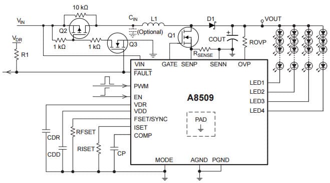 Boost with Disconnect Switch Typical Application for A8509 High Efficiency, 4-Ch WLED Driver