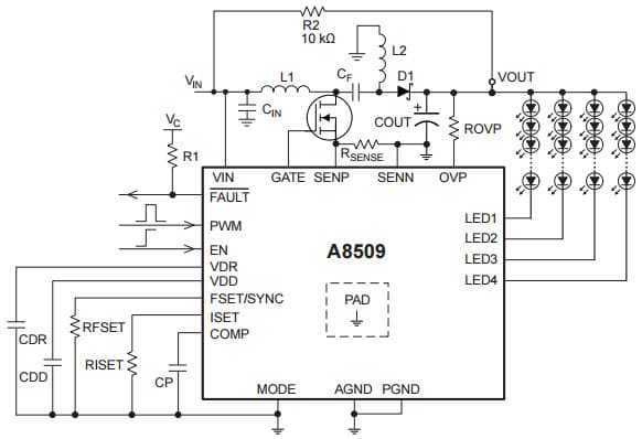 SEPIC Typical Application for A8509 High Efficiency, 4-Ch WLED Driver