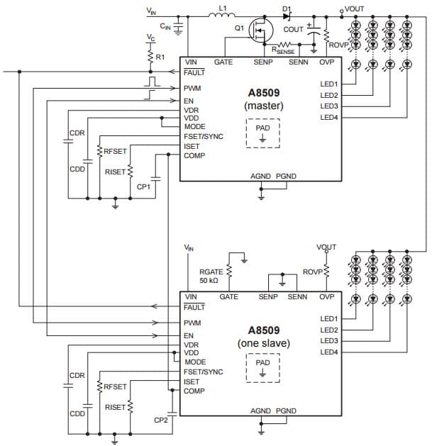 Parallel Typical Application of two A8509s, overvoltage protection on master must be set higher than the OVP on the slave for A8509 WLED Driver