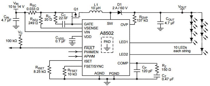 Typical Application showing calculated values for A8502 LED Driver