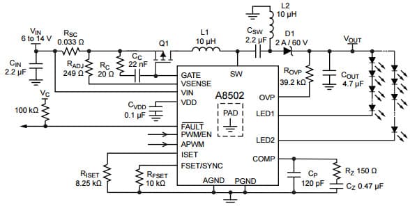 Typical Application showing SEPIC configuration, designed according to the application example for A8502 LED Driver