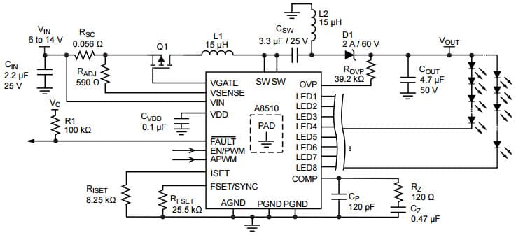 Typical application showing SEPIC configuration with accurate input current sense and VSENSE to GND protection for A8510 LED Driver