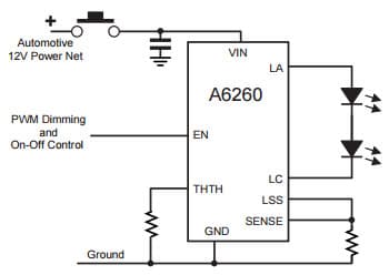 Typical Application of Switched supply plus high-side PWM source for A6260 High Brightness LED Current Regulator