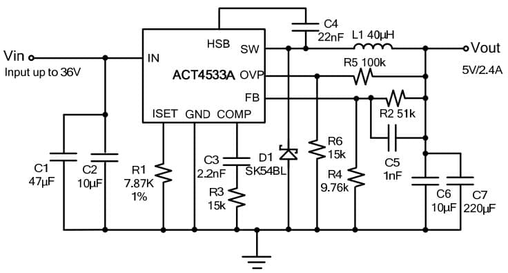 Typical Application for 5V/2.4A Car Charger with OVP and Short Circuit Protection Using ACT4533B Step-Down Converter