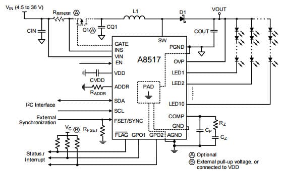 Typical Application for A8517 Wide Input Voltage, Fault Tolerant, Independently Controlled Multi-Channel LED Driver with I2C interface