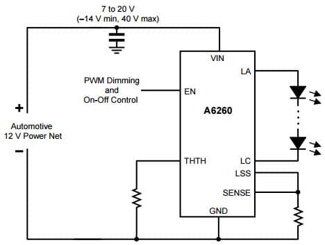 Typical Application for A6260 High Brightness LED Current Regulator