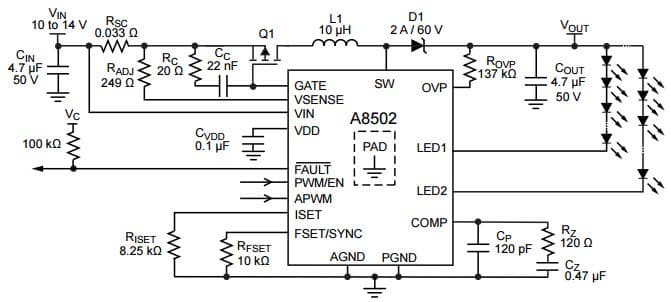 Typical Application with VIN to ground short protection, using optional P-MOSFET sensing for A8502 LED Driver