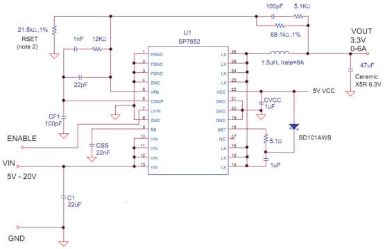 Typical Application for Sp7652 6A 28V 600Khz Synchronous Step Down Regulator