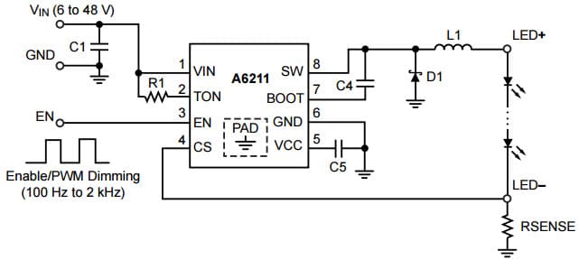 Typical Application for A6211 3A Constant Current, PWM Dimmable, Buck Regulator LED Driver