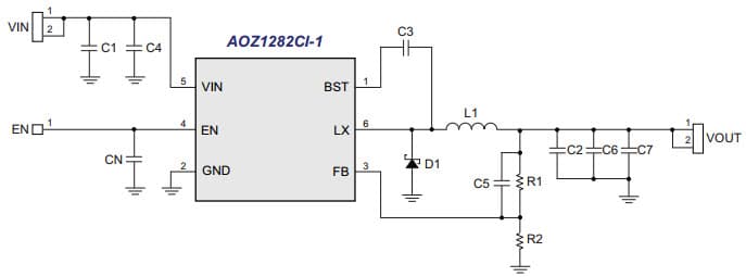 Typical Application for AOZ1282CI-1 EZBuck 600mA Simple Buck Regulator