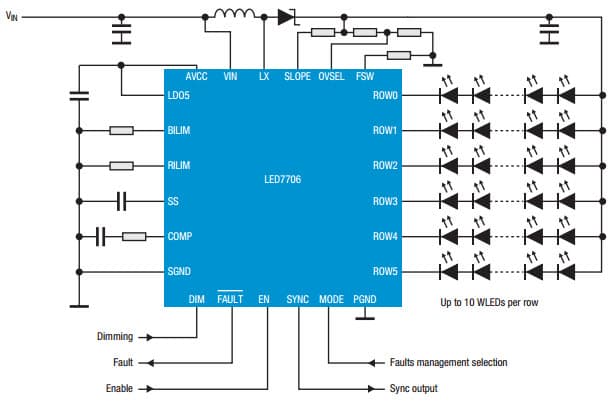 Typical Application for LED7707 Six rows of up to 10 white LEDs with adjustable maximum current