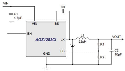 Typical Application for AOZ1282CI EZBuck 1.2A Simple Buck Regulator