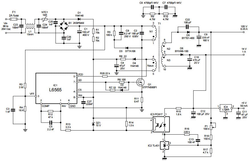 Typical Application for L6565, 50W Wide Range Mains SMPS for TV Applications