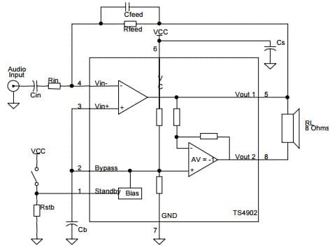 Typical Application for Ts4902 300Mw At 3.3V Supply Audio Power Amplifier With Standby Mode Active Low