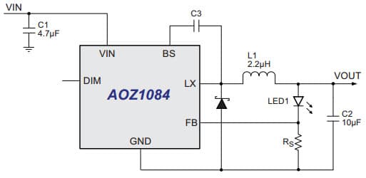 Typical Application for AOZ1084 1.2A Buck LED Driver