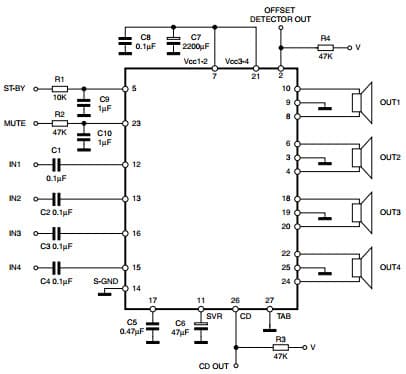 Typical Application for TDA7851A 4 x 45 W MOSFET quad bridge power amplifier