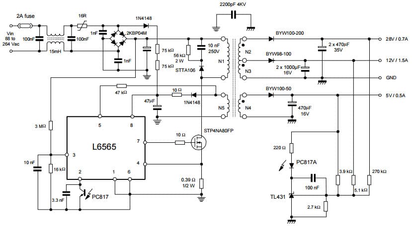 Typical Application for L6565 40W Wide Range Mains SMPS for inkjet printer