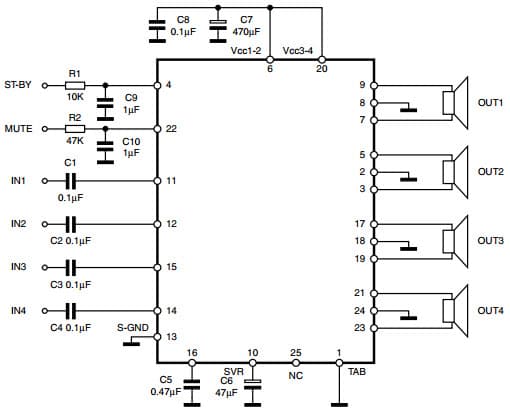 Typical Application for TDA7388 4 x 41 W quad bridge car radio amplifier