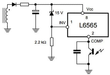 Typical Application for L6565 Protection against secondary feedback disconnection by primary regulation take-over