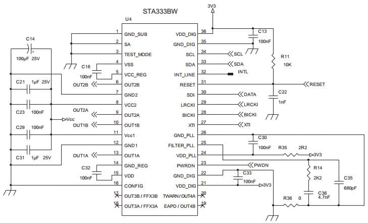 Typical Application Circuit for STA333BW13TR 2.1-channel high-efficiency digital audio system