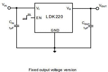 Typical Application for LDK220, 200mA low quiescent current and low noise fixed output voltage LDO