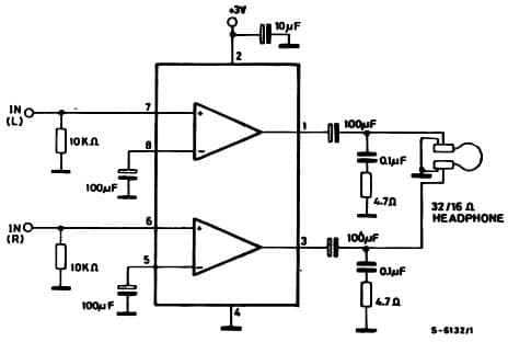 Typical Application In Portable Players Circuit for Tda2822M Dual Low-Voltage Power Amplifier