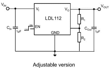 Typical Application for LDL112, 1.2A low quiescent current adjustable LDO with reverse current protection