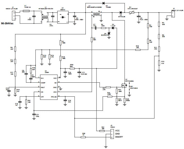 Typical Application for L6564, 10 pin transition-mode PFC controller