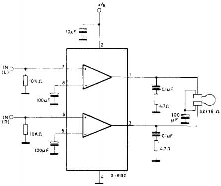 Typical Low Cost Application In Portable Players (Using Only One 100-Micro F Output Capacitor) for Tda2822M Dual Low-Voltage Power Amplifier