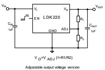 Typical Application for LDK220, 200mA low quiescent current and low noise adjustable output voltage LDO