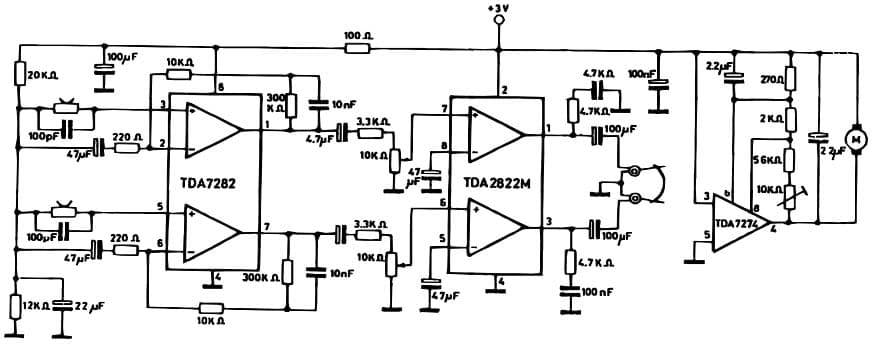 Typical 3V Stereo Cassette Player With Motor Speed Control Circuit for Tda2822M Dual Low-Voltage Power Amplifier