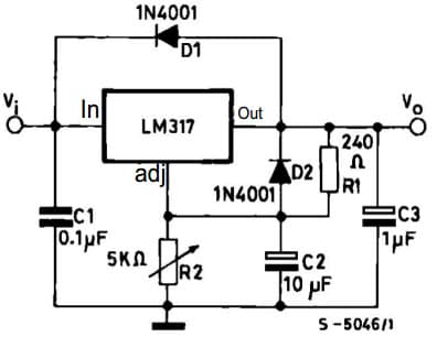 Typical Application for LM317M Medium Current 1.2 to 37V Voltage Regulator with protection diodes