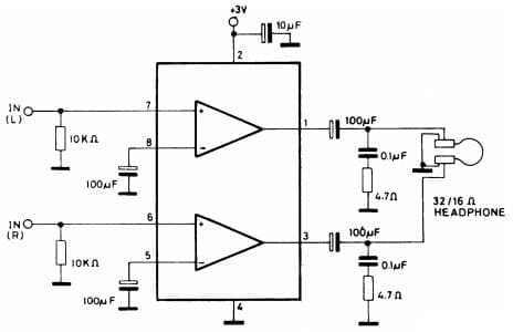 Typical Application for Tda2822D Dual Low-Voltage Power Amplifier