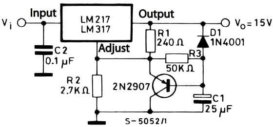 Typical Application for LM317 Slow turn-on 15V Voltage Regulator