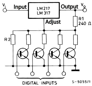 Typical Application for LM317 Adjustable Voltage Regulator with Digitally selected outputs