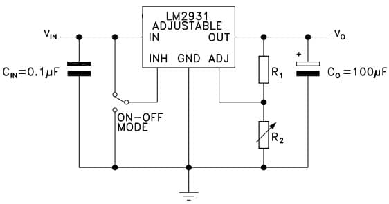 Typical (Adjustable Output) Application for LM2931 Very Low-Drop Voltage Regulator