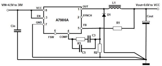 Typical Application for A7986A 3A step-down switching regulator for automotive applications