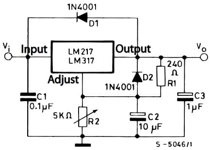 Typical Application for LM317 Adjustable Voltage Regulator with protection diodes