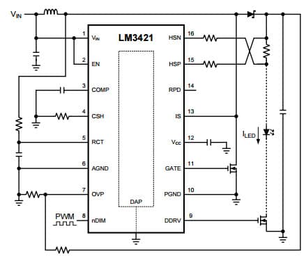 Typical Boost Application for LM3423 N-Channel Controllers for Constant Current LED Driver