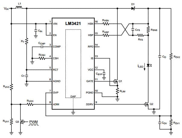 Typical Boost Application for LM3423 Boost Regulator (Vin < Vo), N-Channel Controllers for Constant Current LED Driver