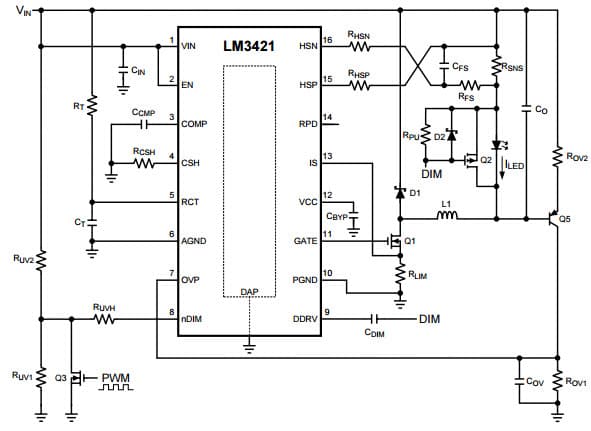 Typical Buck Application for LM3423 Buck Regulator (Vin > Vo), N-Channel Controllers for Constant Current LED Driver