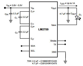 Typical Application for 1A Switched Capacitor Flash LED Driver With I Square C Compatible Interface