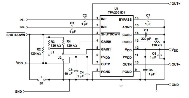 Typical Application for 1-W Filterless Mono Class-D Audio Power Amplifier