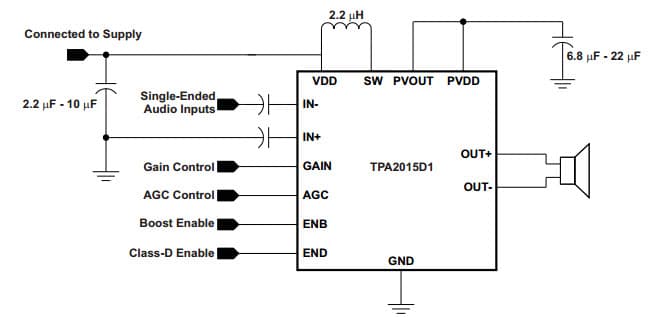 Typical Application Schematic with Single-Ended Input Signals, 2-W Constant Output Power Class-D Audio Amplifier With Adaptive Boost Converter and Battery Tracking Speaker Guard AGC